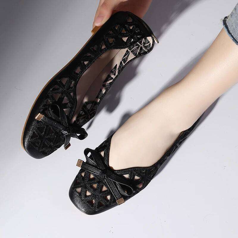 New Women's Retro Bow Single - Hollow Breathable Shallow Cut Square Head Shoes, Comfortable Soft Sole Flat Shoes