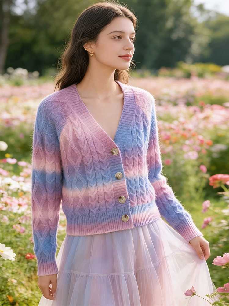 SLTNX Tie-dyed V-neck Short Cardigan in Autumn and Winter Women Long-sleeved Gradient Sweater Coat Korean Fashion Button Sweater M260306