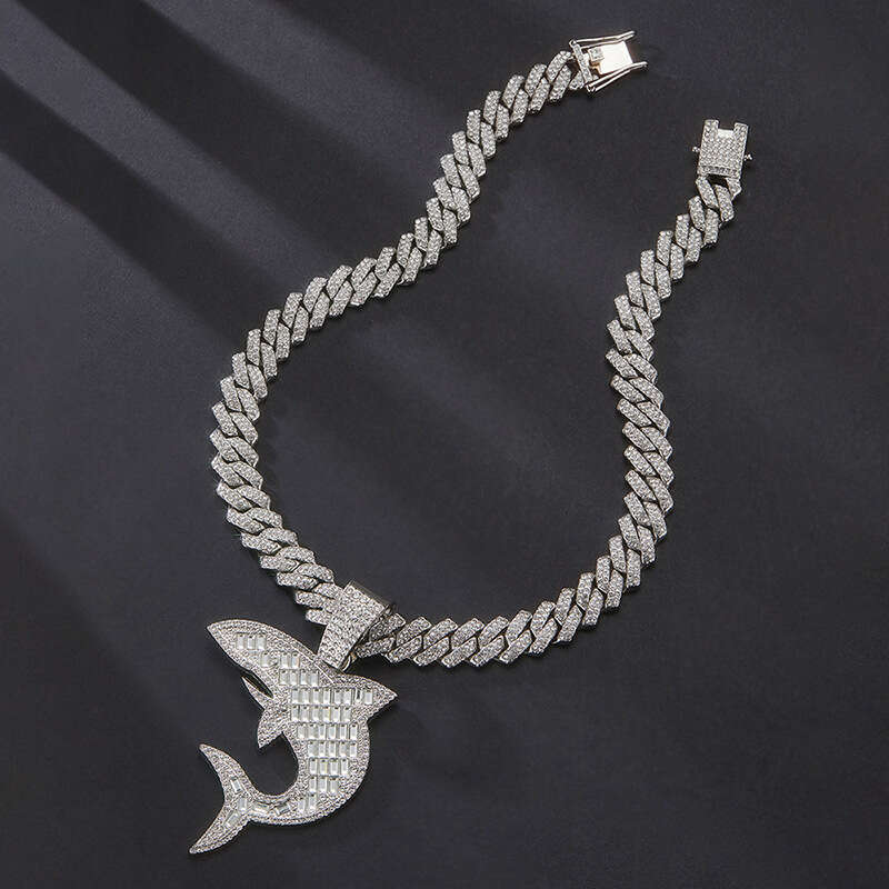 European and American hip-hop shark high-quality fashion T-cut diamond alloy Cuban chain necklace pendant, direct factory sale