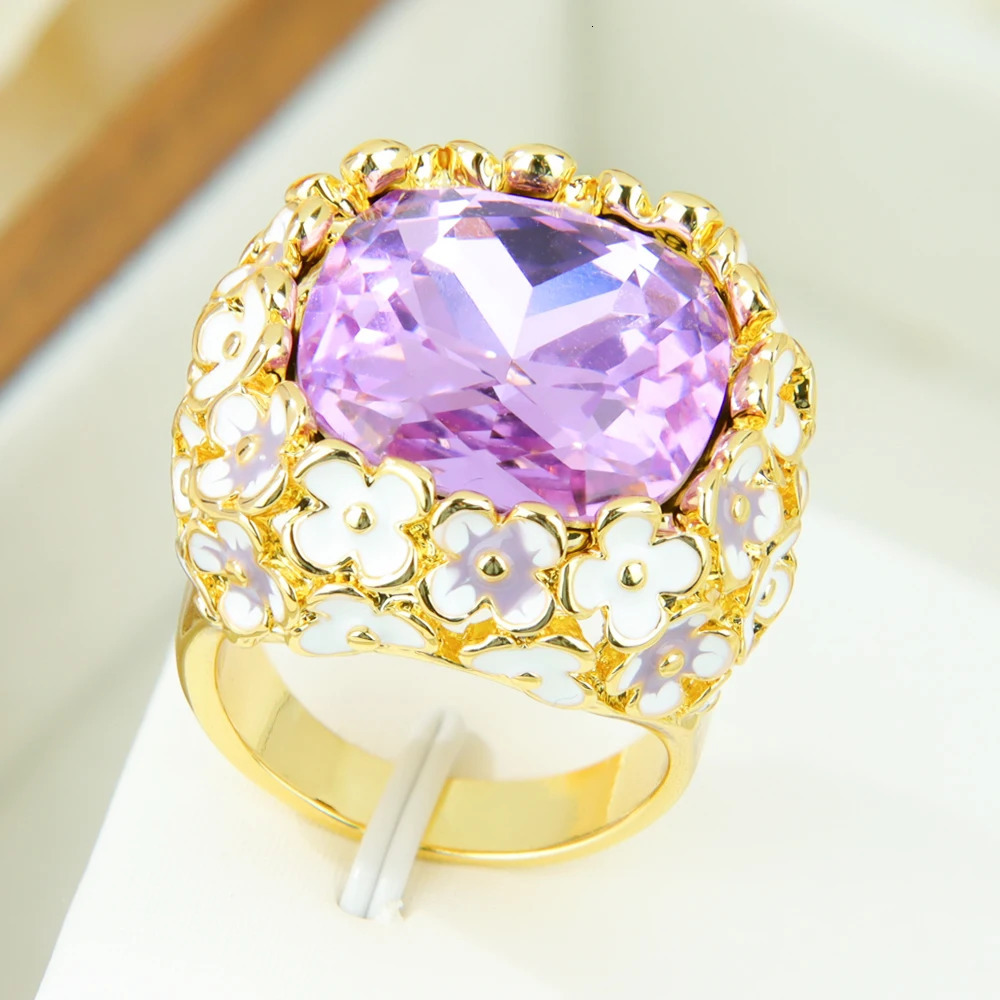 Exquisite Colored Crystal Gold Ring 14k European Italian Fashion Zirconia Cocktail Ring Trendy Statement Jewelry 260302