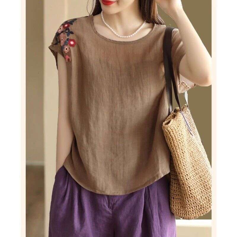 Chinese Style Embroidered Cotton Linen Short-sleeved T-shirt for Women's Summer New Style Thin Sleeveless Top