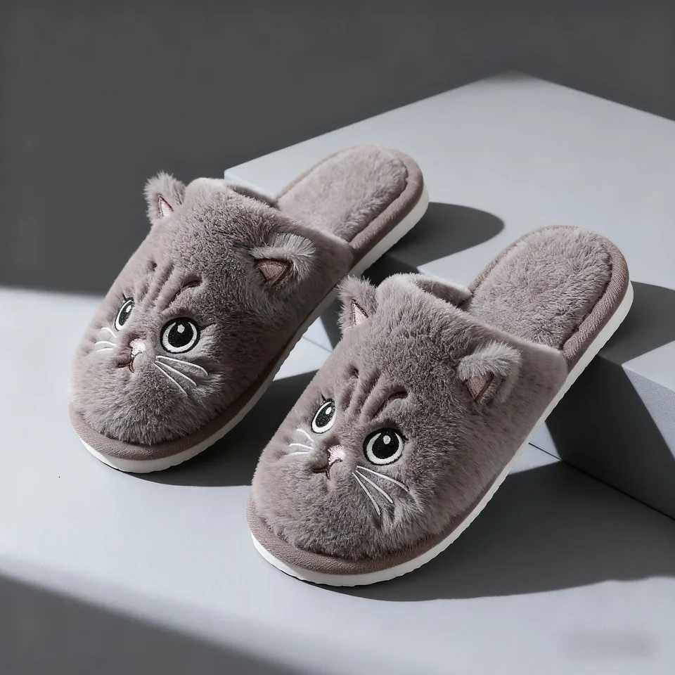 Cute Cat Cotton Slippers Unisex Warm Soft Winter Home Shoes Maternity Recovery Slip-On Comfortable Furry Slippers S260305