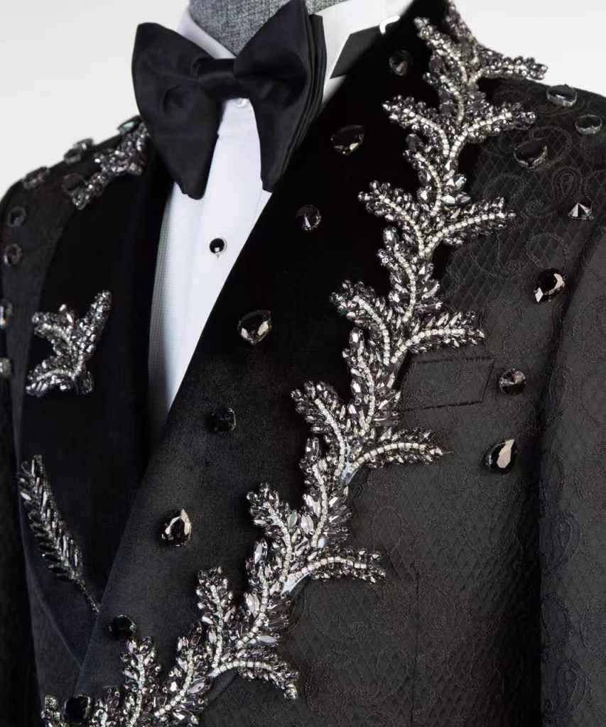 Luxury Wedding Tuxedos Crystal 2 Piece Set Jacket Pant Men Suit Velvet Shawl Lapel Groom Business Blazers Customized
