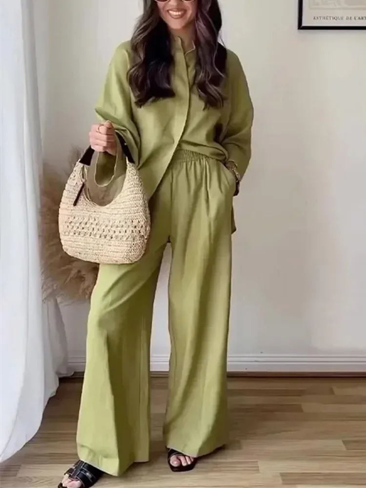 MUJER Women Pants Sets Oversize Casual Shirt Fashion Linen Set Woman Two Pieces Wide Leg Baggy Pants Suit Summer Outfit 260305