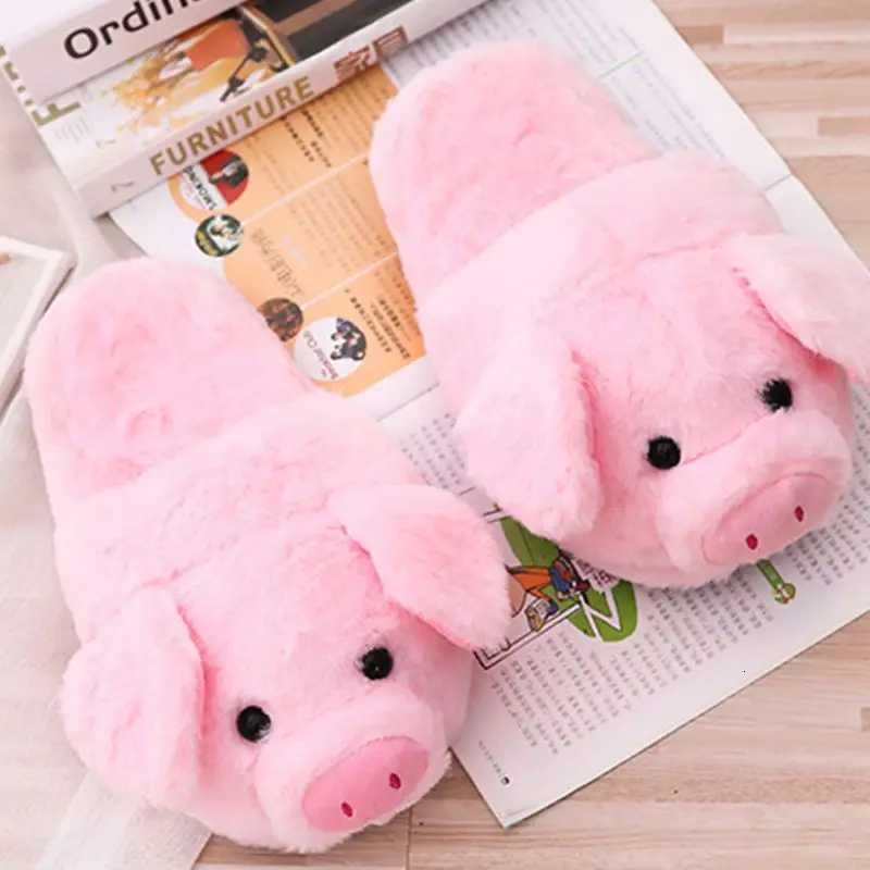 Women Winter Pink Pig Animal Cartoon Plush Slippers Non-Slip Furry Shoes S260305