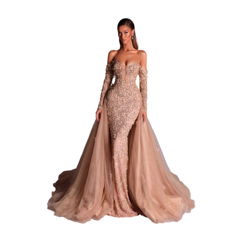 Fashion Sweetheart Lace Prom Dresses Elegant Long Sleeve Sequins Evening Dress Floor Length Party Gown Customized