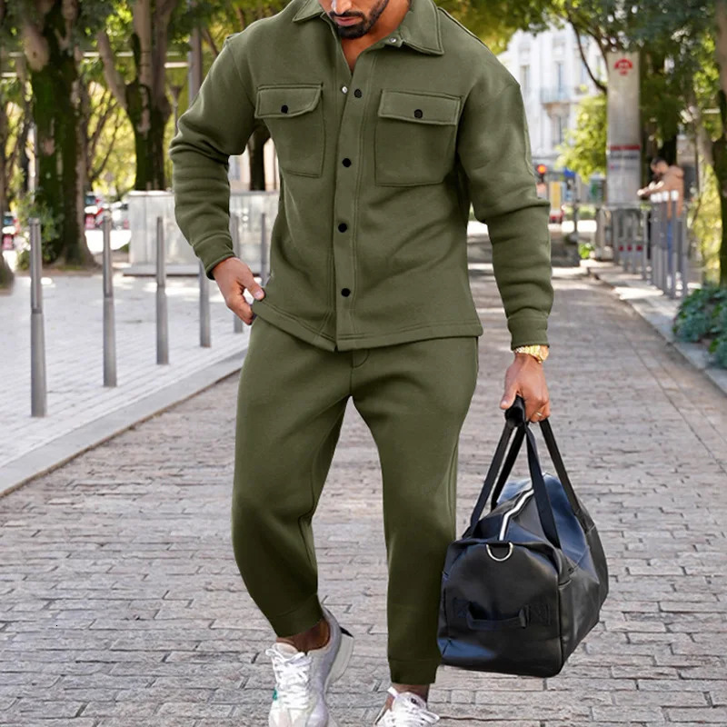 Autumn Winter Fashion Suede Fabric 2-Piece Set Solid Color Slim Fit Long-Sleeve Jacket Cuffed Pants Casual Outfit Mens Sets 260227