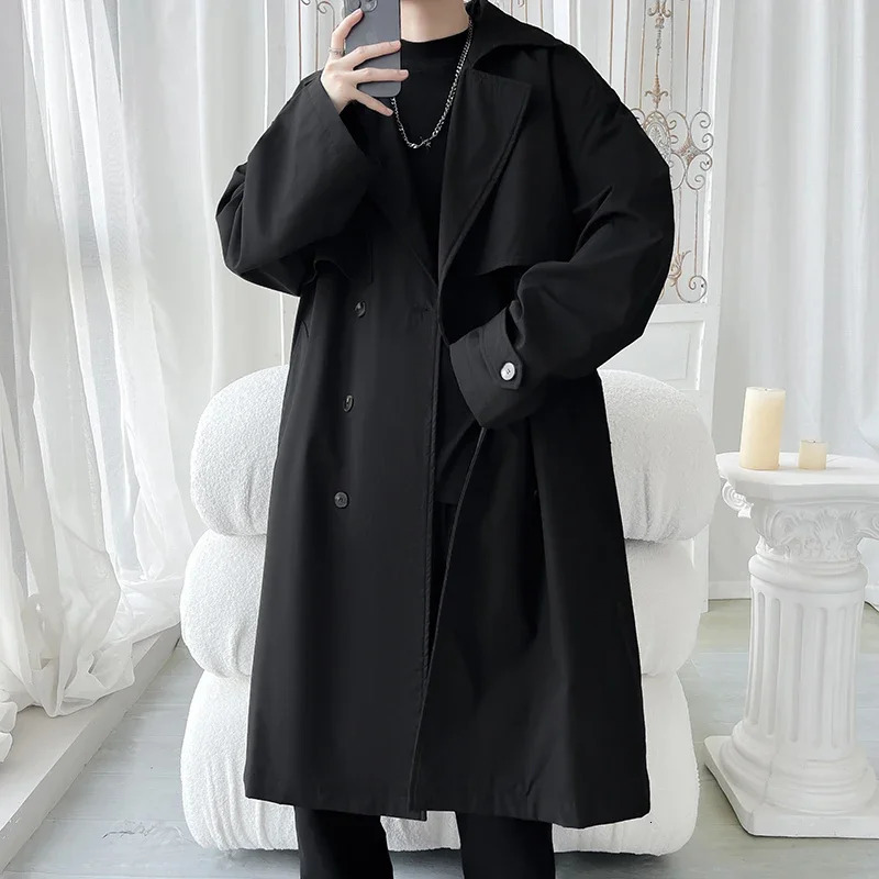Mens Trench Coat Slim fit Double Breasted Belted Windbreaker Lapel Long Jacket Casual Windproof Overcoat Men M5XL 260302