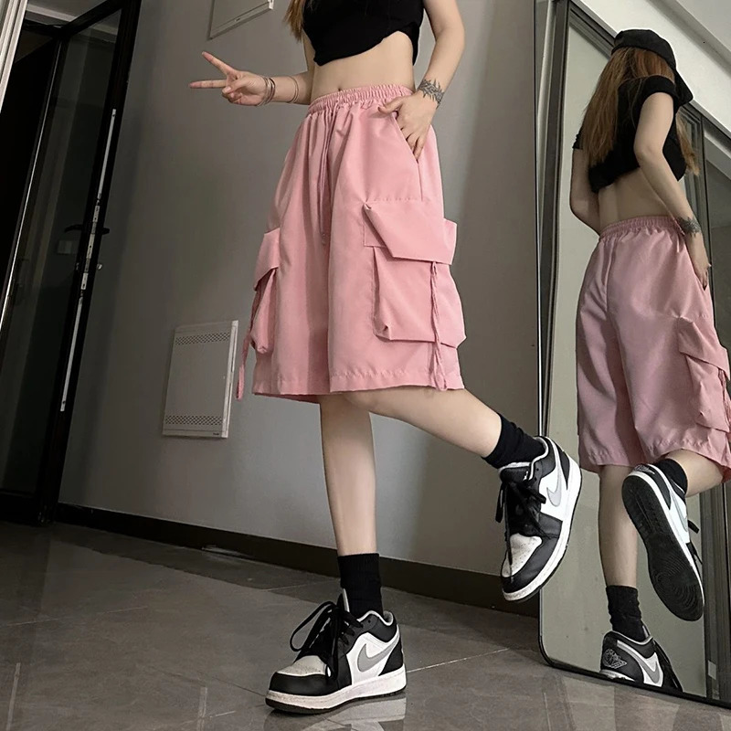 Gidyq Women High Waist Cargo Shorts American Style Streetwear Summer Wide Leg Pants Fashion Female Big Pocket Loose Shorts 260306