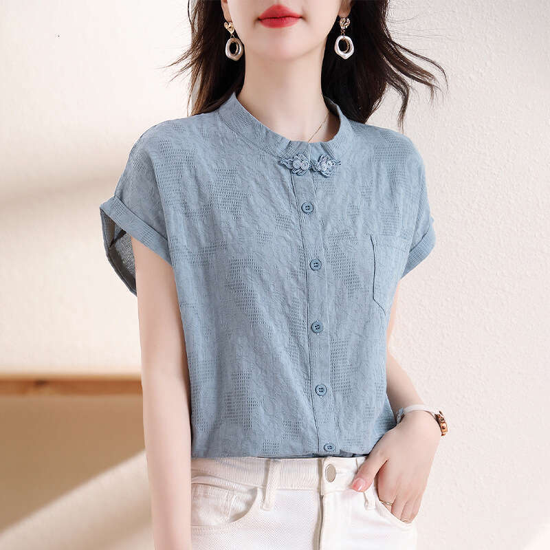 Stand-up Collar Button Cotton Linen Shirt for Women in Summer New Fashionable Age-reducing Top Slim and Short-sleeved Shirt