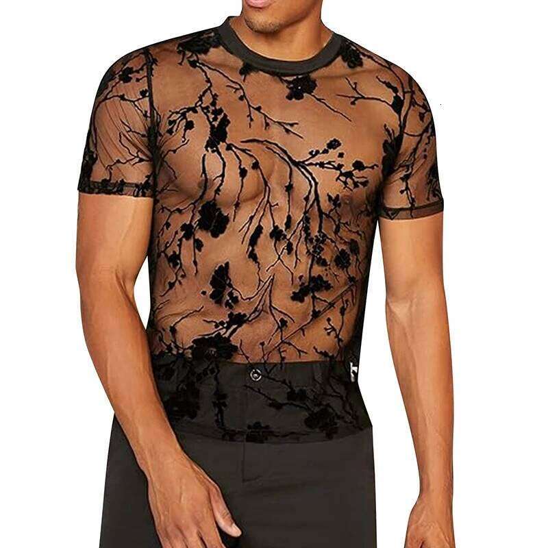Summer Men's Clothing Mesh Lace Knit T-shirt Streetwear Hollow-Out O Neck Sweater Short Sleeve Tees Rose Printed Knitwear 26H0306