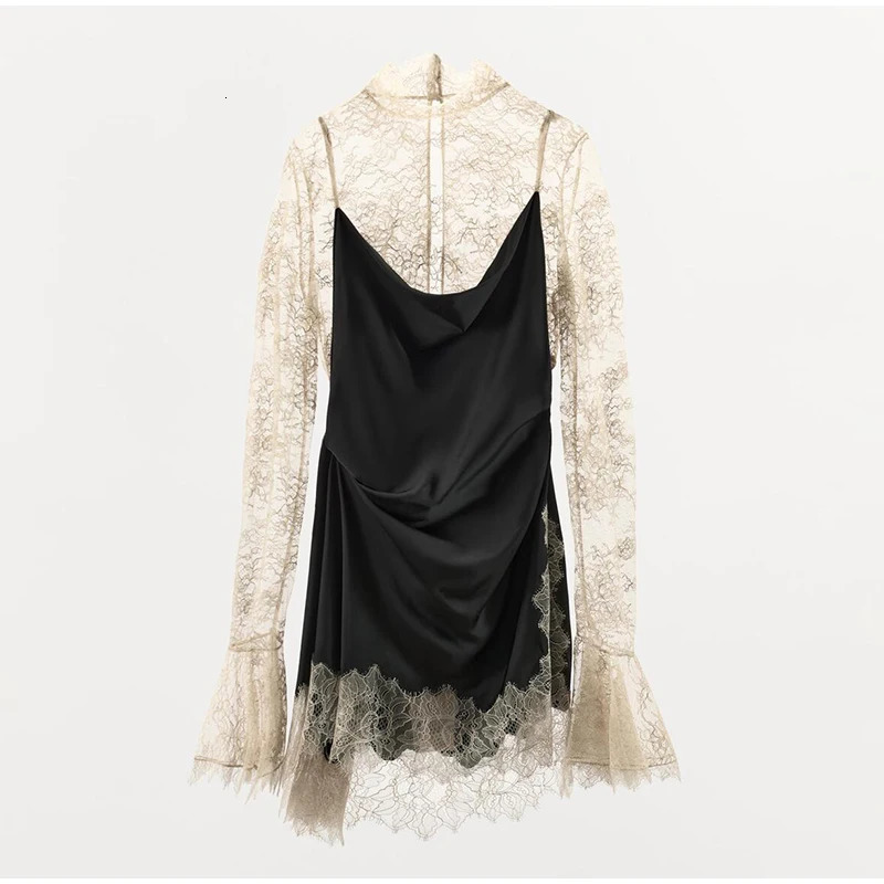 PRINTKAOIR 2026 Spring Elegant Sexy Lace Patchwork Mini Dress Women Flare Sleeve See Through Short Dresses Lady Club Party Gowns 260302