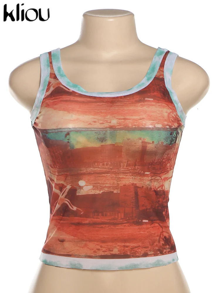 kliou Summer Women Bare Midriff Streetwear Mesh Tanks K24L47278 Girl Vintage Print Fit Vest Miss All-match Crop Tops Tees Attire 260306