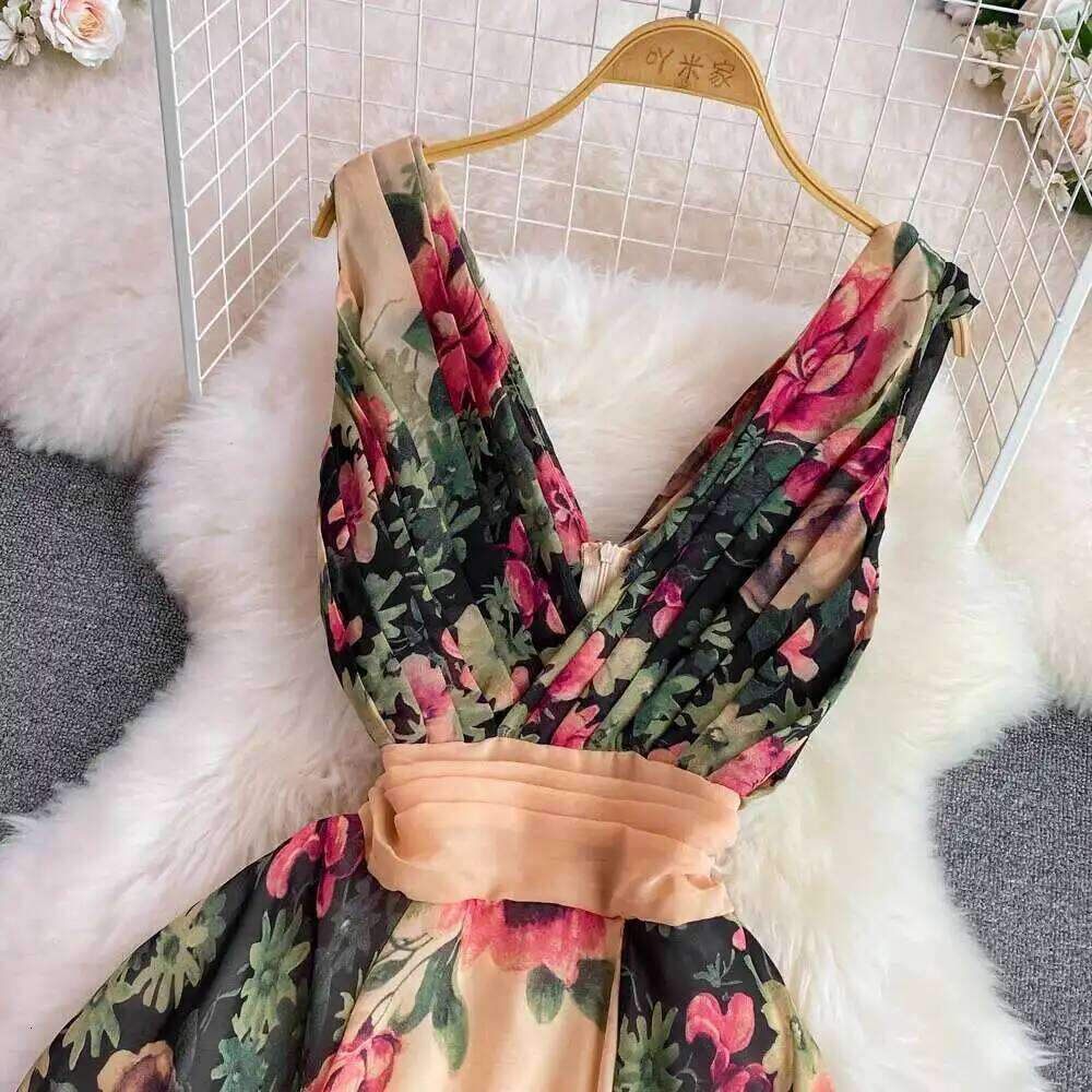 Runway Floral Print Midi Long Dress Summer Women Sleeveless Vest Tank Chiffon Dresses Ladies Mdng260306