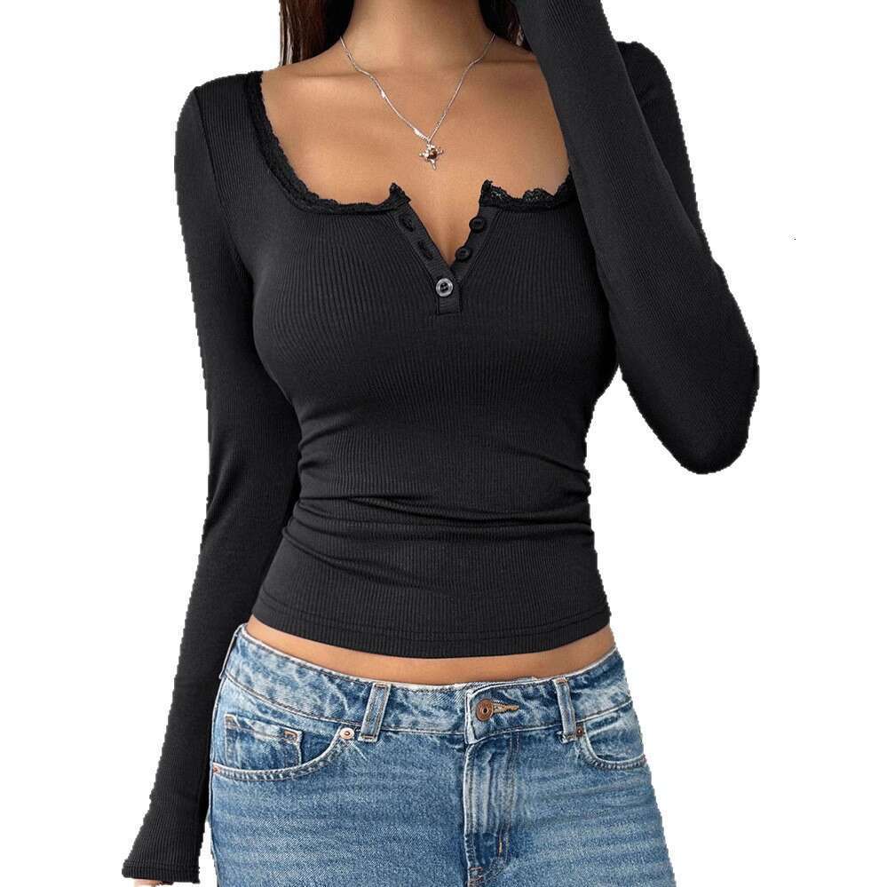 2025 European and American Cross-Border New Autumn Winter Lace Button V-Neck Fashion Slim Long Sleeve Designer Women's Top