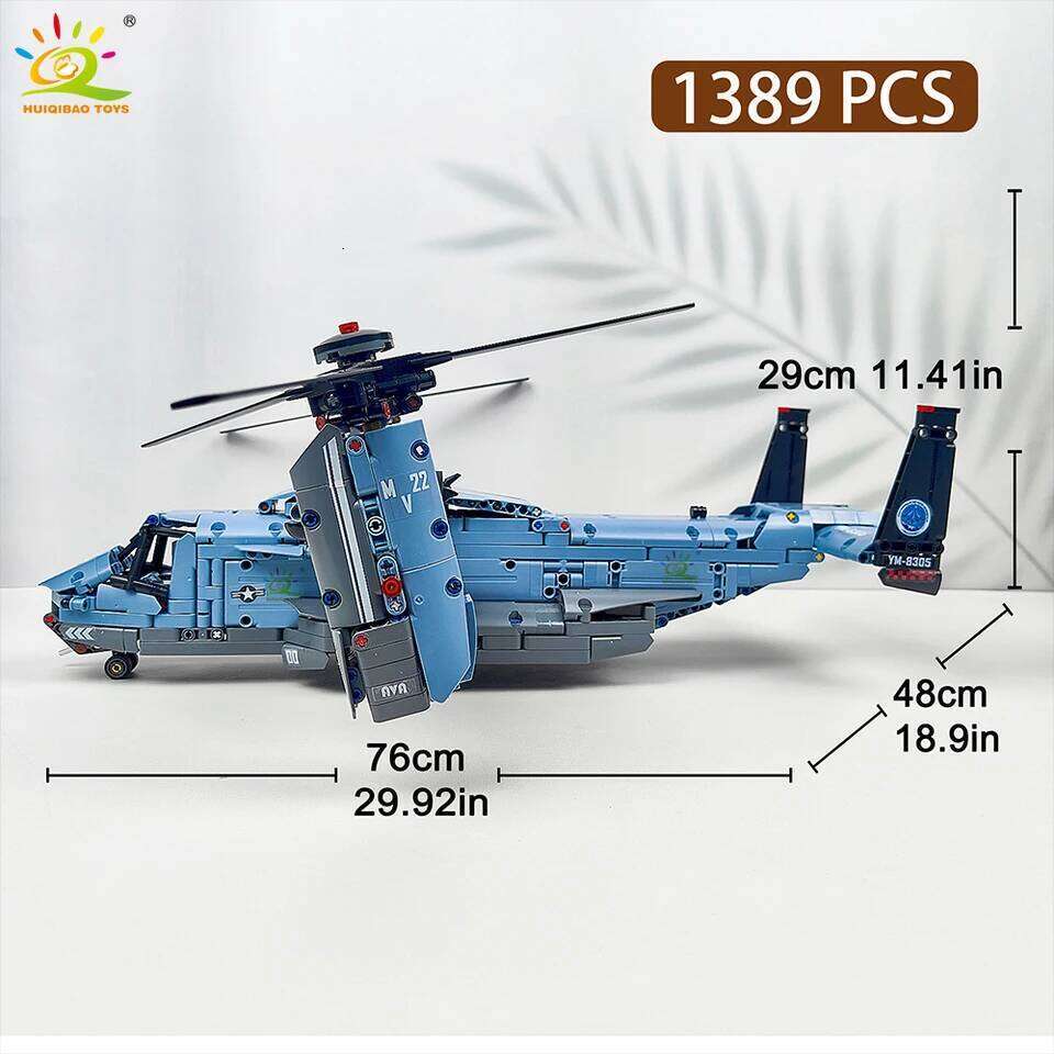 HUIQIBAO MOC 1389PCS V-22 Tiltrotor Aircraft Helicopter Building Block Children Military Airplane model Bricks Toy home Decor. Z260306