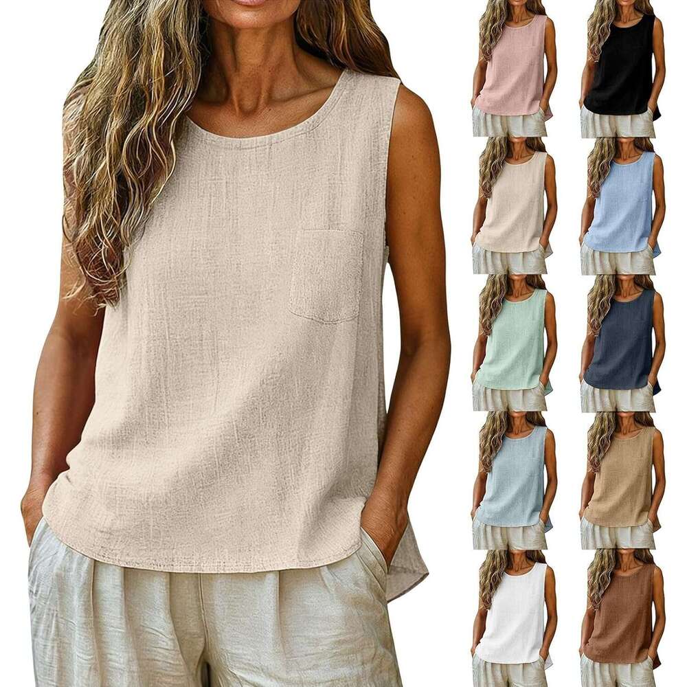 Designer Womens Cotton Linen Tank Tops 2026 Loose Causal Sleeveless Summer Shirts Crew Neck Gauze Camisole with Front Pocket