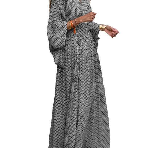 2026 European and American Autumn Style Long Sleeve Loose V-Neck Waist-Cinching Flared Dress for Women