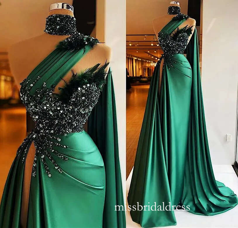Sexy Hunter Green Satin Mermaid Prom Party Dresses One Shoulder High Neck Beaded Feather Plus Size Formal Evening Occasion Gowns D0306