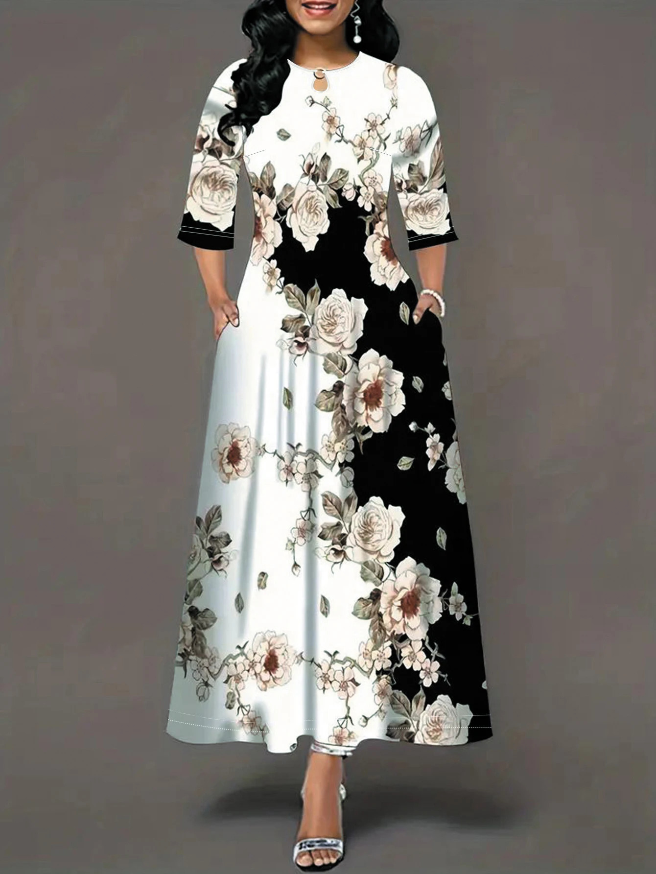 Womens Casual Dress Plus Size Print Half Sleeve Round Neck Maxi With Pockets 260302