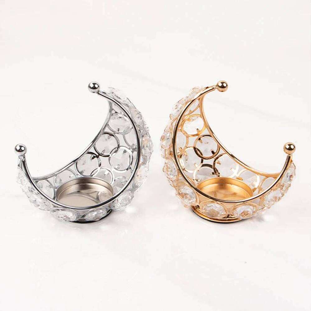 With Crystal Beads For Romantic Atmosphere Moon Holder Metal Candle Stand silvery XJ260305