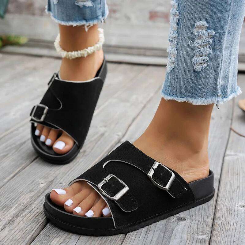 Women Summer Solid Color Sandals Classic Fashion Platform Lazy Slippers Trendy Flat Shoes Soft Bottom Slides