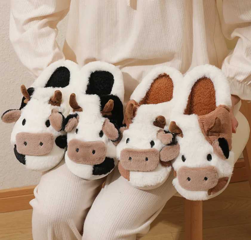 New winter neutral cartoon cow warm plush slippers for couples indoor anti slip home slippers for men and women home cotton sh S260305