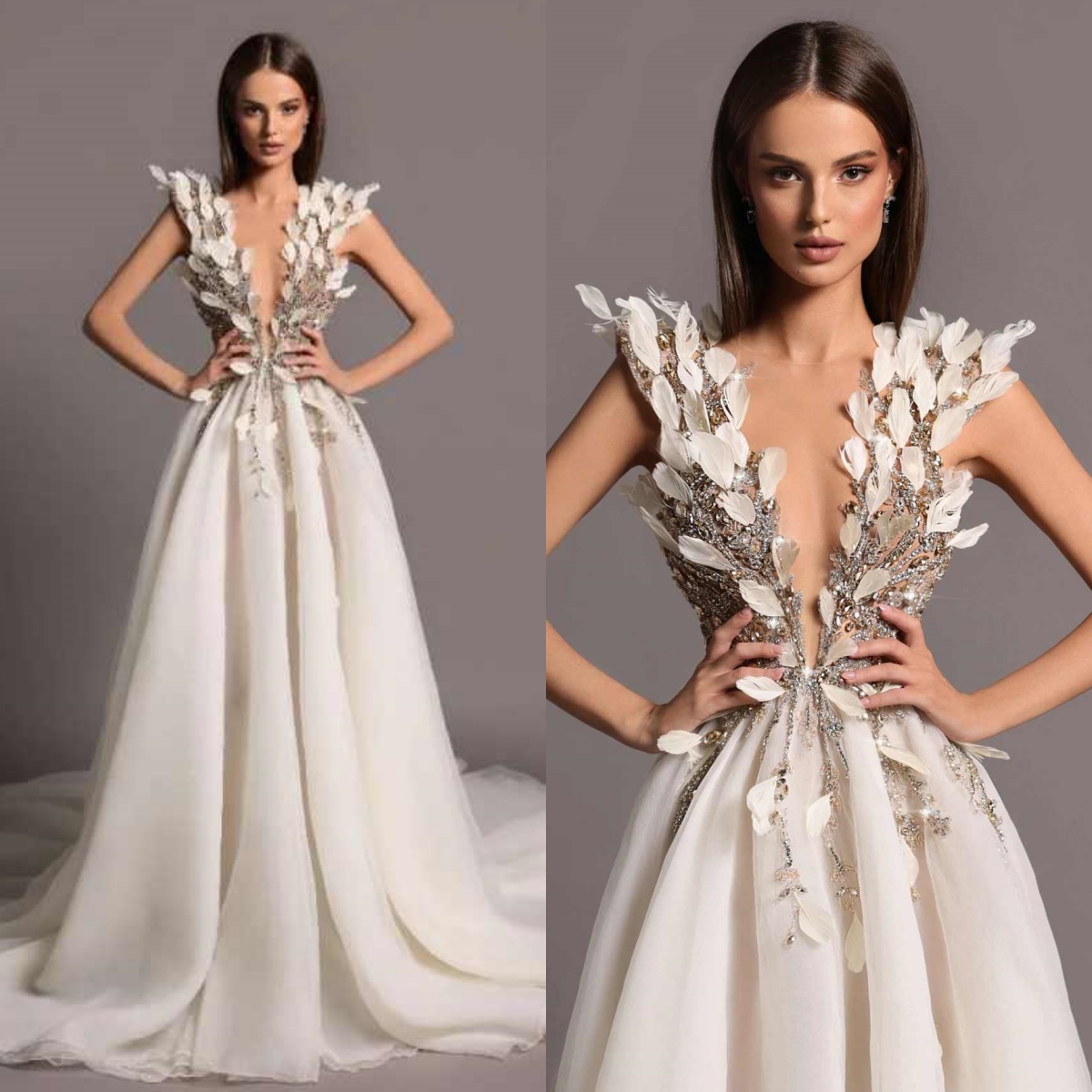 Elegant V Neck Feathers Evening Dresses Sexy Sleeveless Sequined Lace Prom Dress Customized Sweep Train Party Gown