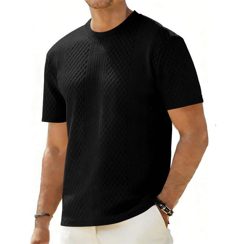 Cross-border Amazon Tiktok Summer New Men's Jacquard Textured T-shirt Casual Loose Solid Color Round Neck Short Sleeve