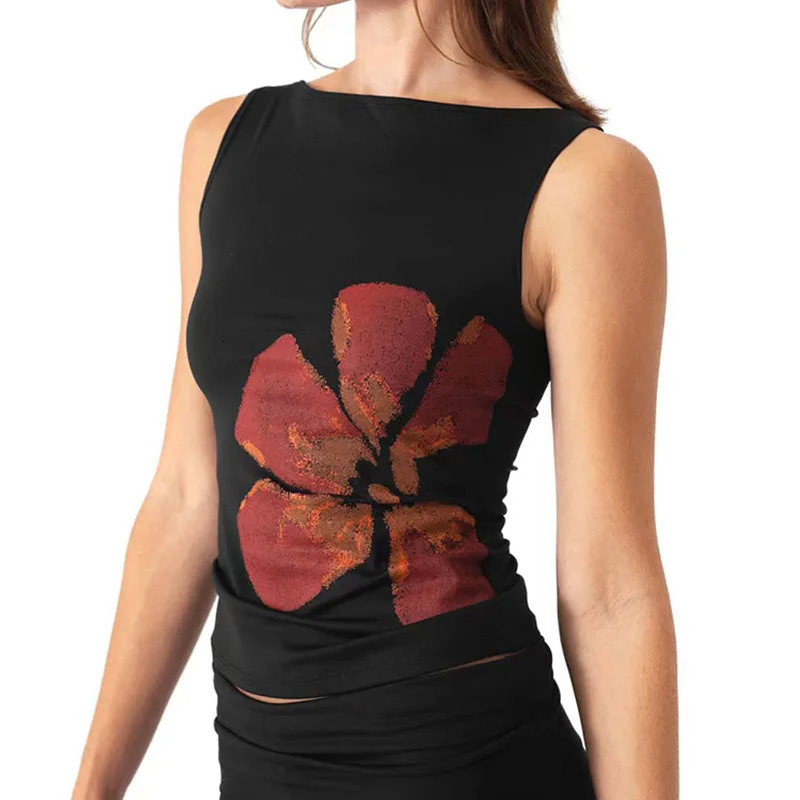 Fashion Womens Crop Tank Tops Fitted Flower Print Boat Neck Sleeveless Summer Tops for Party Club 260306