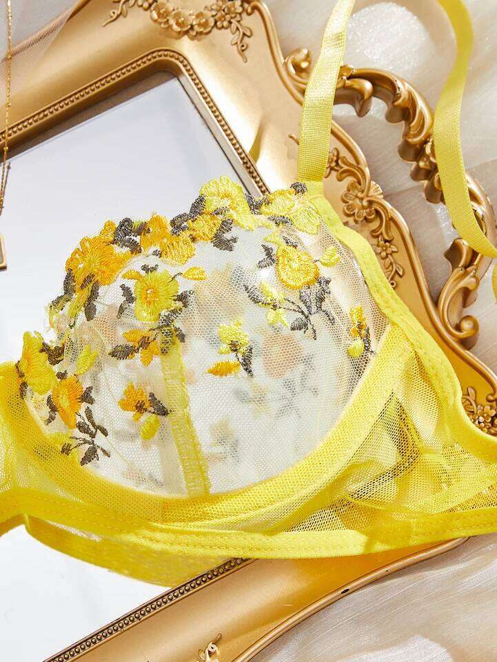 Fairy Yellow Sexy Lingerie Women Transparent Bralette 2 Piece Underwear Sets Floral Embroidery Push Up Bra And Panty Set