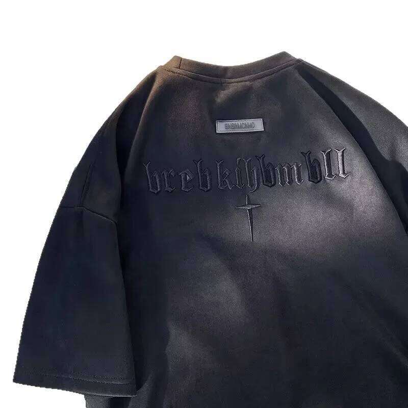 Retro Embroidered Suede Short Sleeve Loose Fit Hip Hop Style Men's T-Shirt Casual Crew Neck Top For Summer In Mainland China
