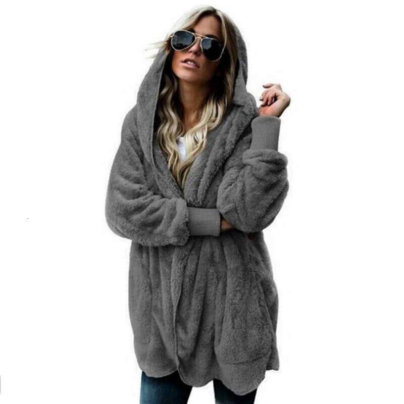 Autumn Winter Double Fleece Cardigan Women Solid Color Long Sleeve Plush Warm Hooded Lady Jacket Oversized Outerwear Coat