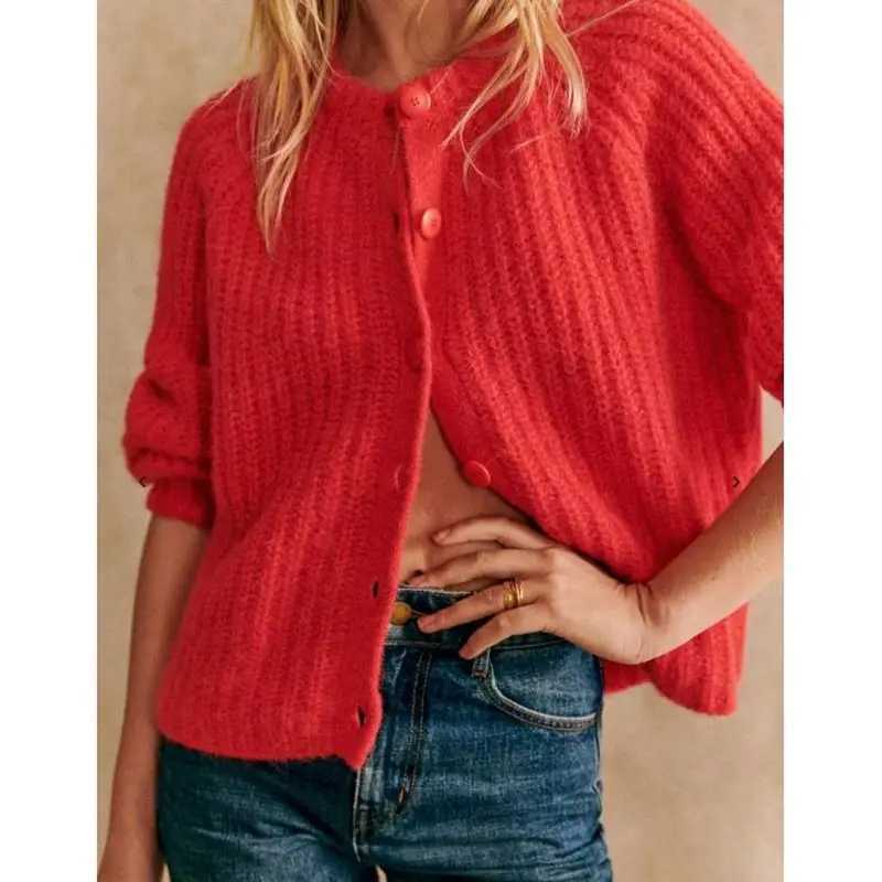 Combhasaki Womens Y2K Vintage Loose Sweaters Solid Color Crew Neck Long Sleeve Button Down Knit Cardigan Tops for Fall Winter M260306