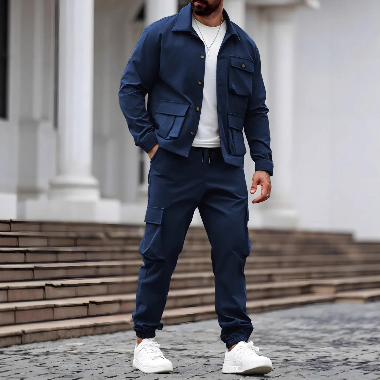 Spring and Autumn mens suit with shuttle fabric multiple pockets versatile casual fashionable and retro 260227