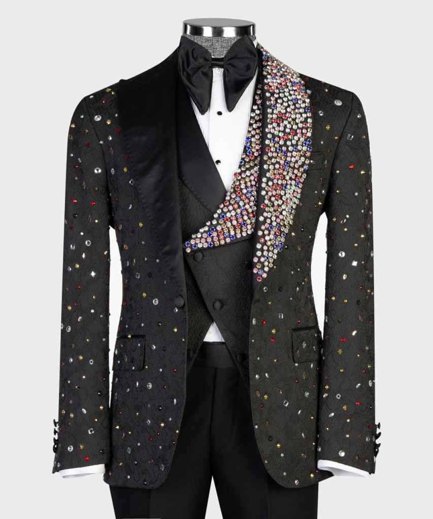 Sparkly Crystals 3 Pieces Suits For Men One Button Shawl Lapel Blazers Pant Jacquard Customized Trajes De Hombre