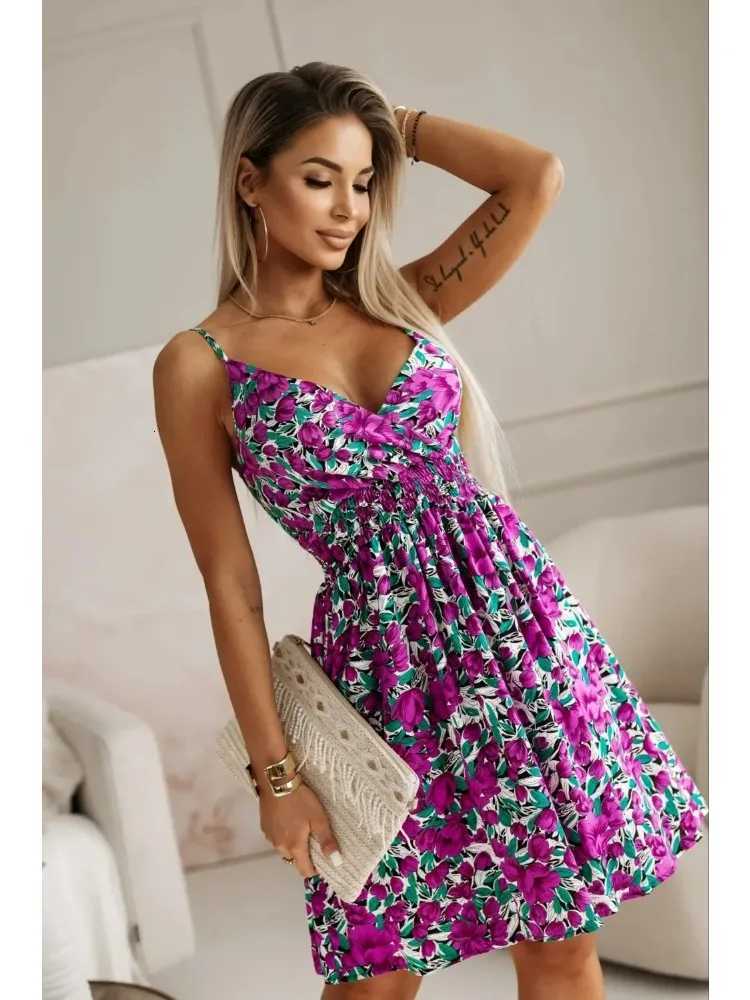 New Fashion Womens Summer Wrap Pleated Dresses Ladies Floral Print Sexy Spaghetti Strap Sling DressBeach Dress A Line Sundress X260306