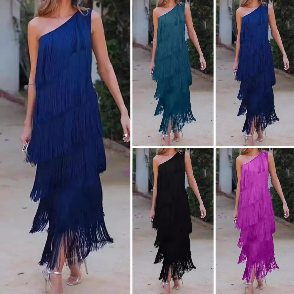Spring Summer Dress Cocktail Party Elegant Fringed Tassel Evening for Women One Shoulder Maxi 260302