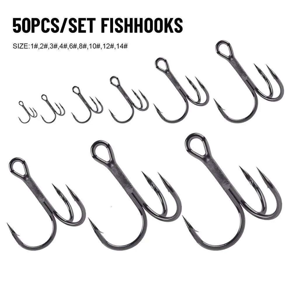 50Pcs Black Nickel Super Sharp Fishhooks Treble High Carbon Steel Matte Tin Fishing Tackle Sharpened Hooks S260305