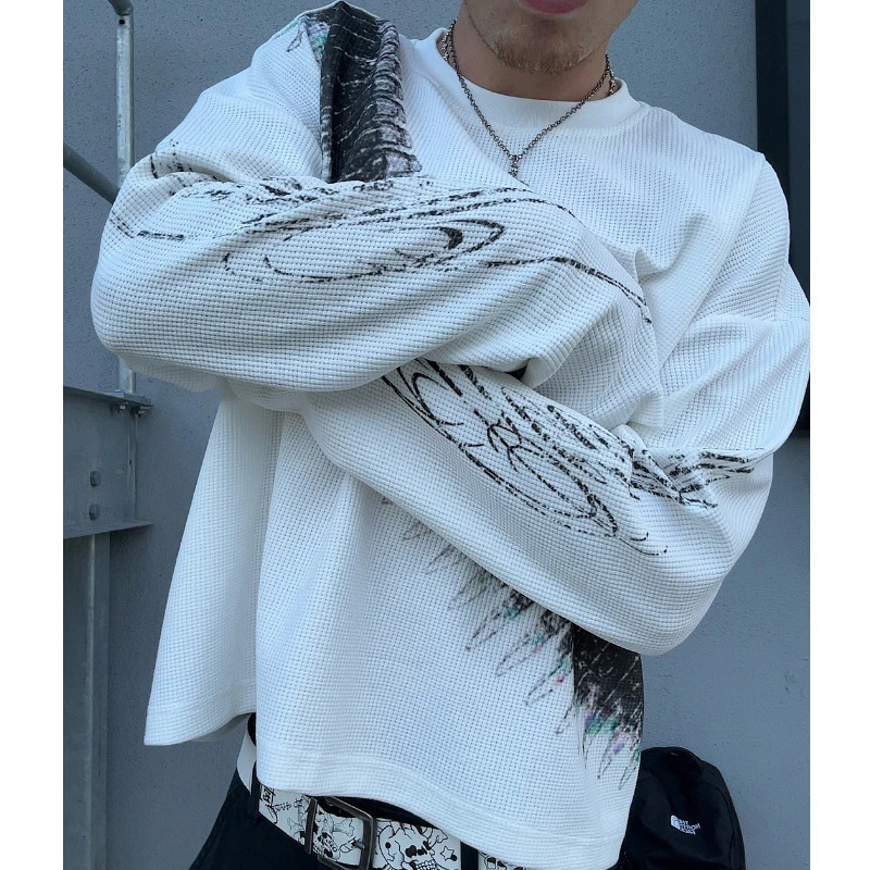 y2k Bullet Letter Printed American Retro Long Sleeve T-shirt Street Style Casual Loose Mens and Womens Top 260303