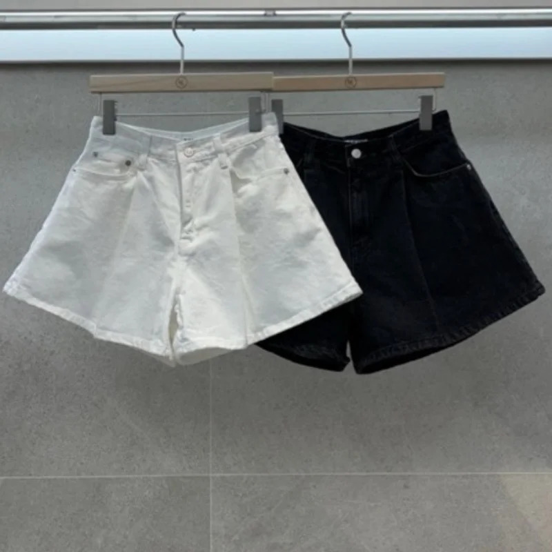 REALEFT Summer Washed High Waist Womens A-line Denim Shorts Pocket White Casual Loose Wide Leg Jeans Shorts Female 260306
