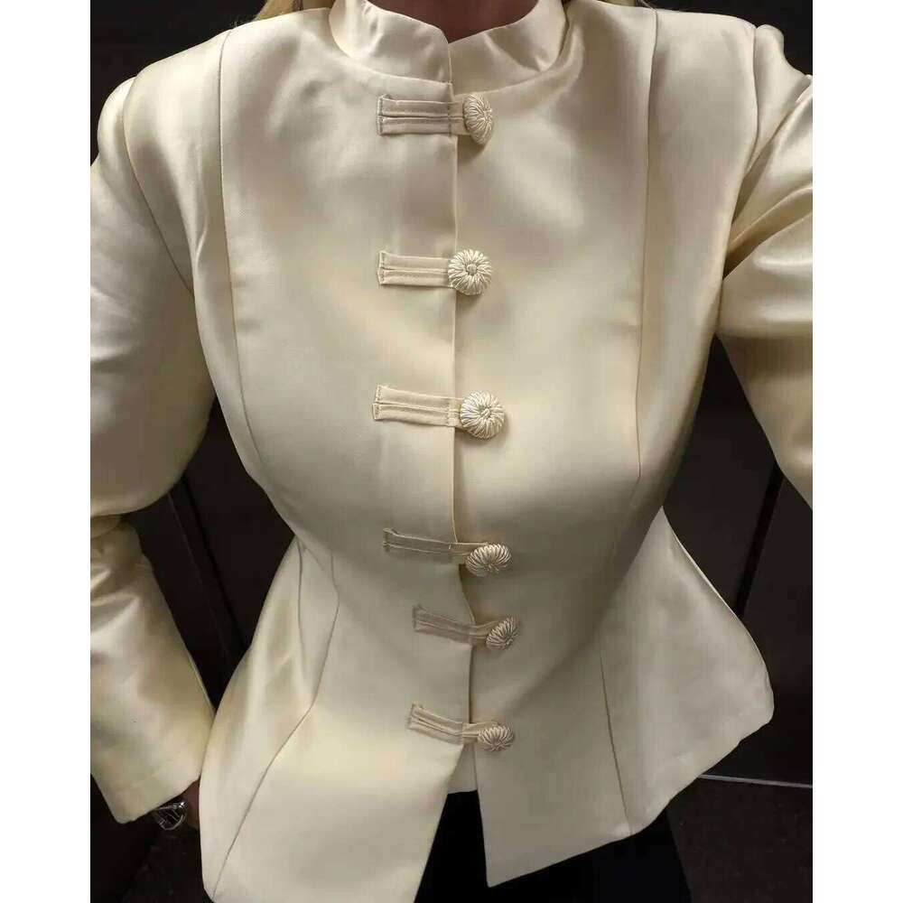 Elegant Satin Knot Button Short Coat Women Full Sleeve Waist Cinching Single Breasted Jacket 2026 Lady Spring Commute Outerwear Asia Size