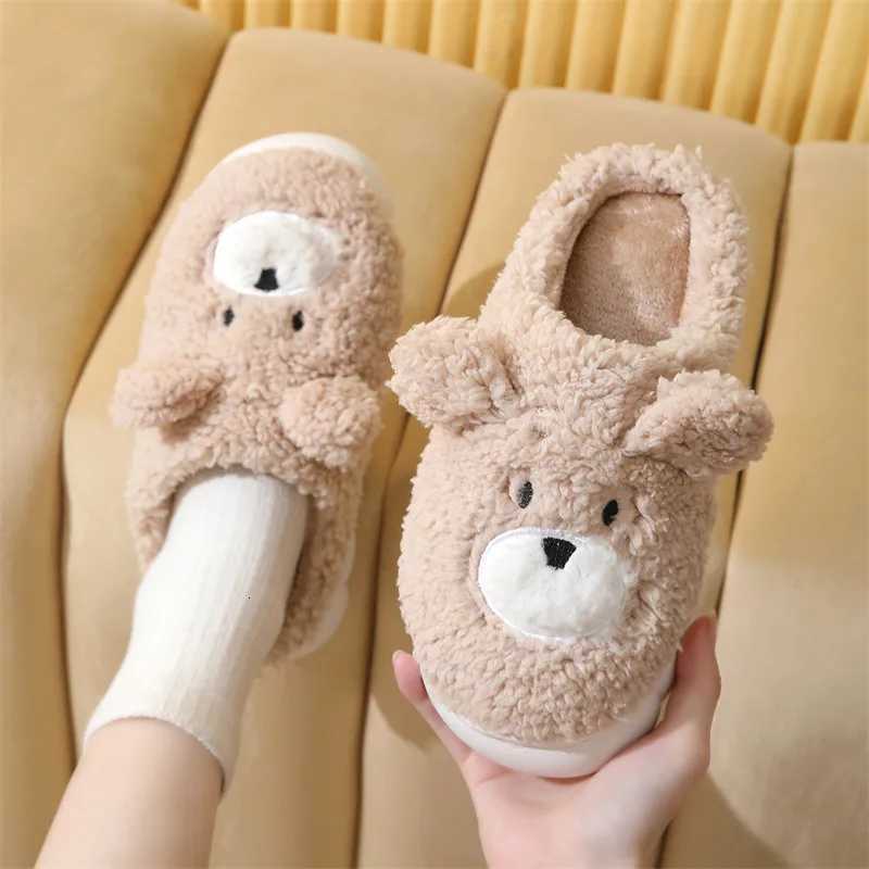 Fuzzy Home Slipper Womens Bear flip flops Winter Warm Cartoon Kawaii Animal Plush Indoor House Shoes Flat Funny Female slides S260305