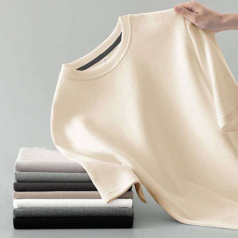 1pcs Men Summer Man Short Sleeved Waffle T-Shirt Male Solid Color Casual Tee Men's Round Neck Fashion Top 26H0306