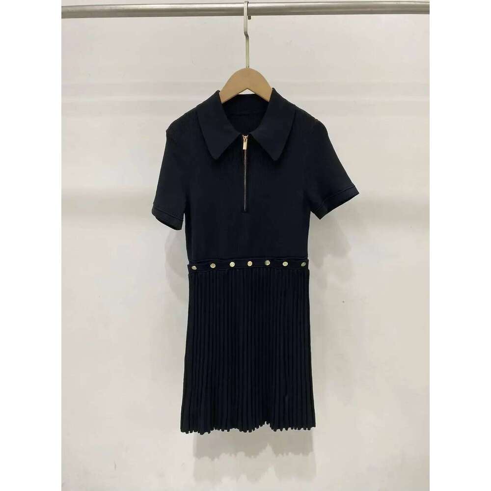 Women Waist Hollow Out Knit Dress Button Decoration Slim Fashion Zipper Female Turn-Down Collar Pleated Black Mini Robe Mdng260306