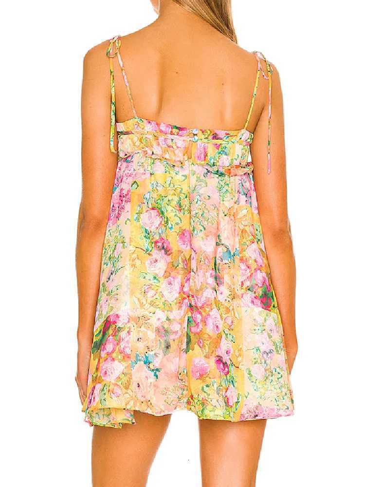 BOHO Bow Ruched Bra Corset Style Flower Print Spaghetti Strap Mini Dress Women Backless Skater Lacing up Sling Robe Holiday X260306