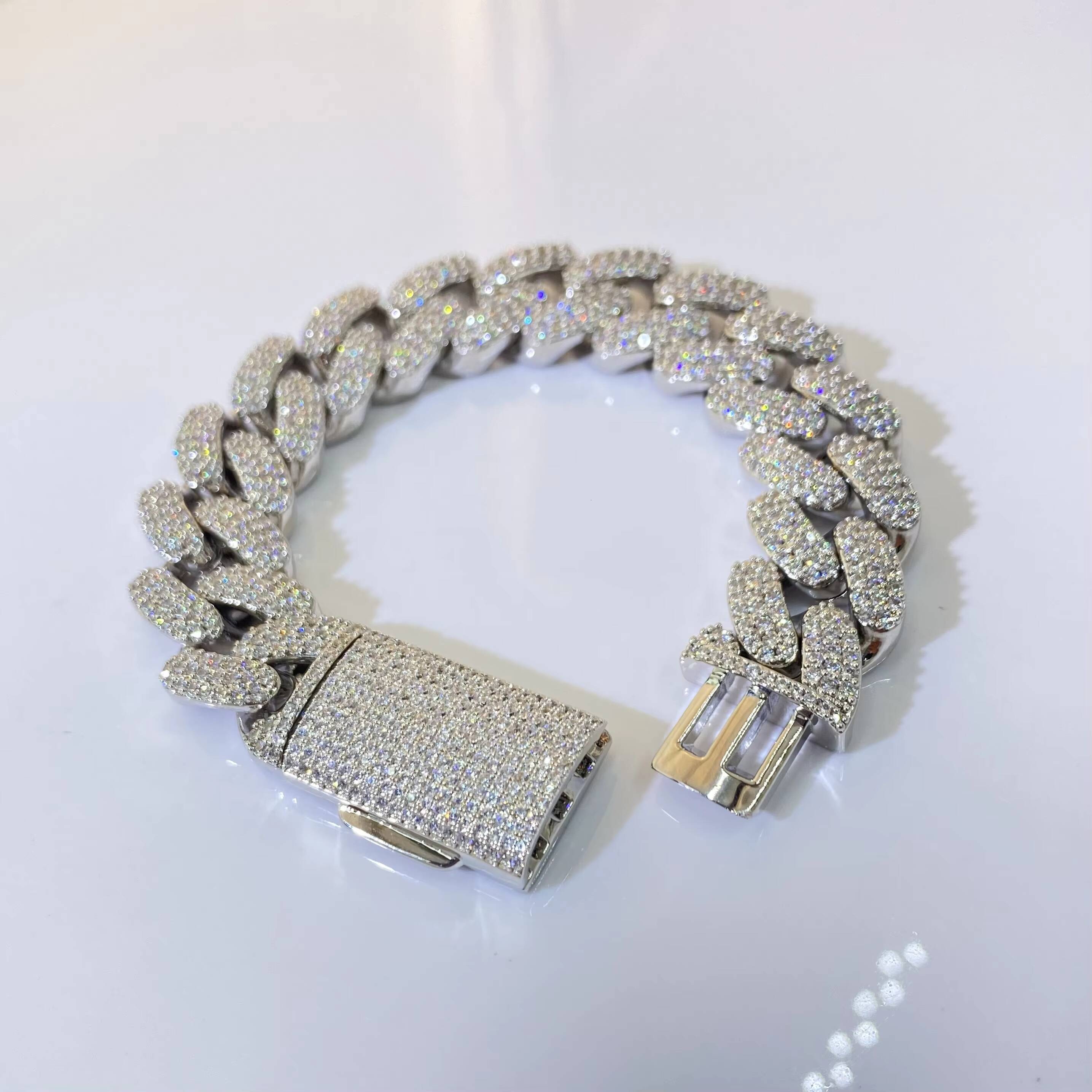 Hip Hop Fashion Silver Brass Link Cuban Chain Iced Out Zircon 1mm-15mm Moissanite Cuban Bracelet Jewelry