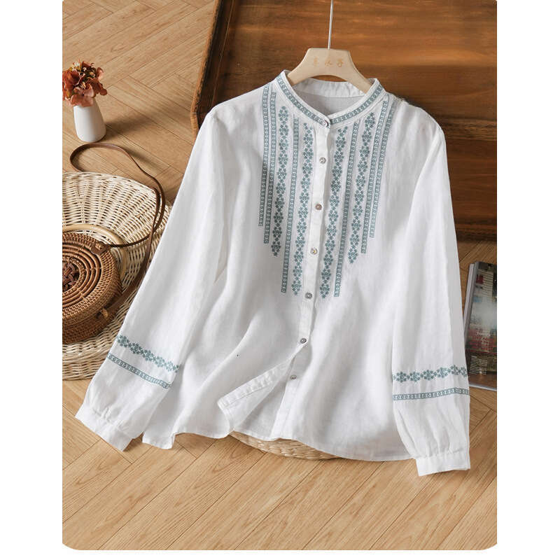Mardi Hefxessdr stand collar long-sleeved shirt Spring new women's stand-collar versatile long-sleeve shirt top cotton-linen Chinese shirt women&