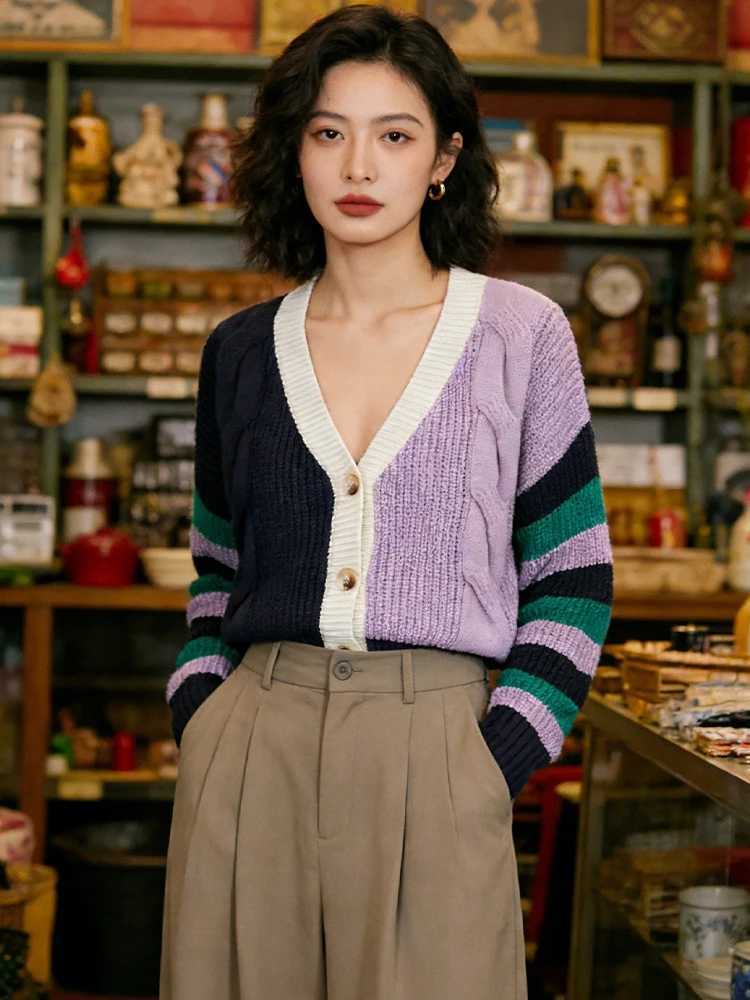 SLTNX Womens Cardigan Sweater Contrast Color Casual Joker V-neck Buttons Colorful Patchwork Street Trend Hipster Knit Coat M260306