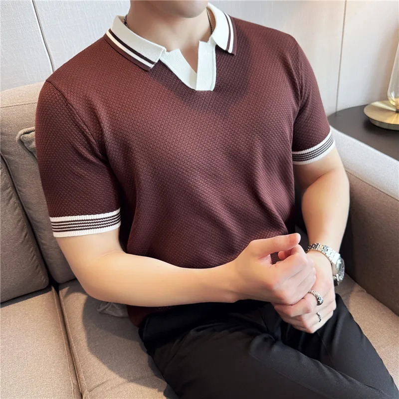 Knitted Polo Shirt Short Sleeved British Style High Stretch Summer Ice Silk Light Thin Solid Casual T-shirt Trendy Men Clothing 260304